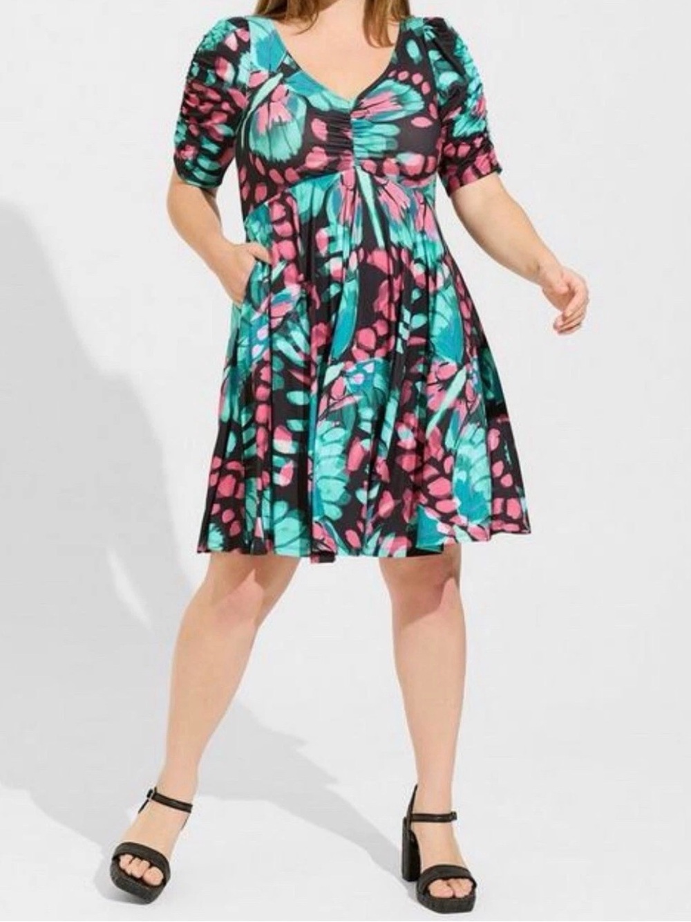 #94B NWT TORRID 3 (3X) Butterfly Mini Studio Knit Cinch Front Skater Dress